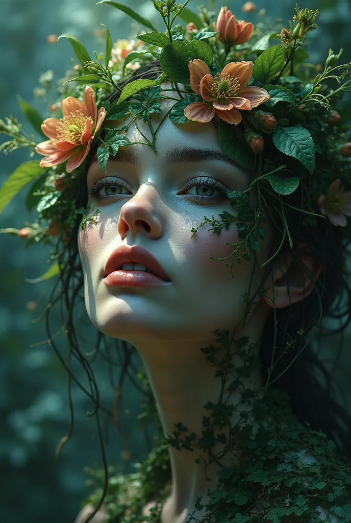  female face,leaves and flowers sticking out of the face,selva, metamorphoses, Framed, look sexy,blurry background,Light and against light,night