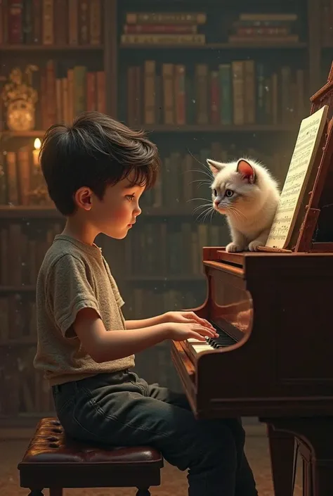 A boy playing the piano and the cat