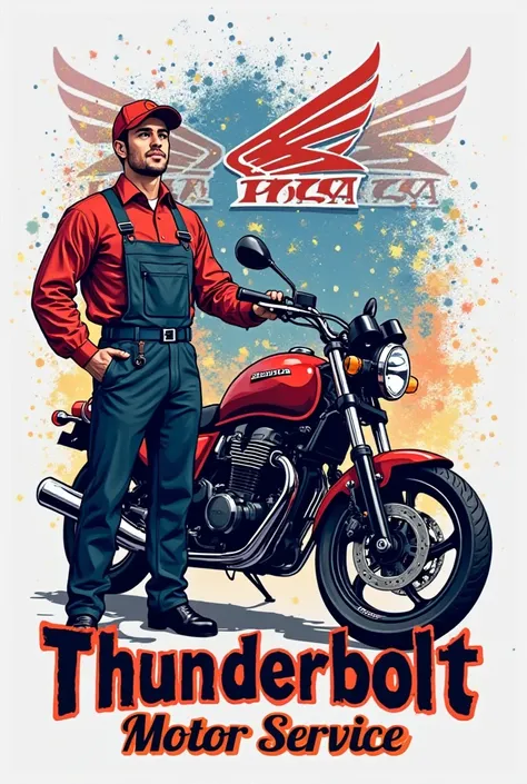 The logo with the mechanic holding the key is next to the motorcycle, with colorful sparkles in the image of the Honda logo., Yamaha and Suzuki are in the back, and the shop name "Thunderbolt Motor Service"  below 