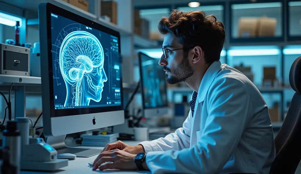 a scientist with a computer showing a digital brain 
