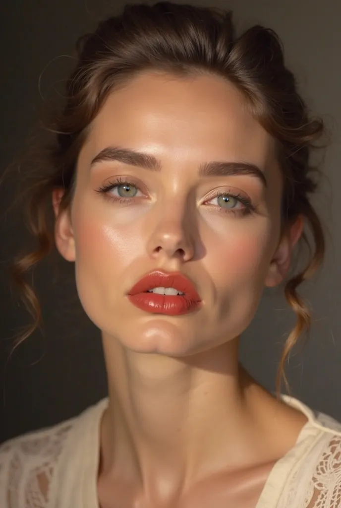 A timeless classic makeup look featuring a flawless foundation, perfectly sculpted brows, and a subtle red lip. The model’s skin glows with a dewy finish, and the makeup is timelessly elegant, captured in soft lighting with a vintage feel.