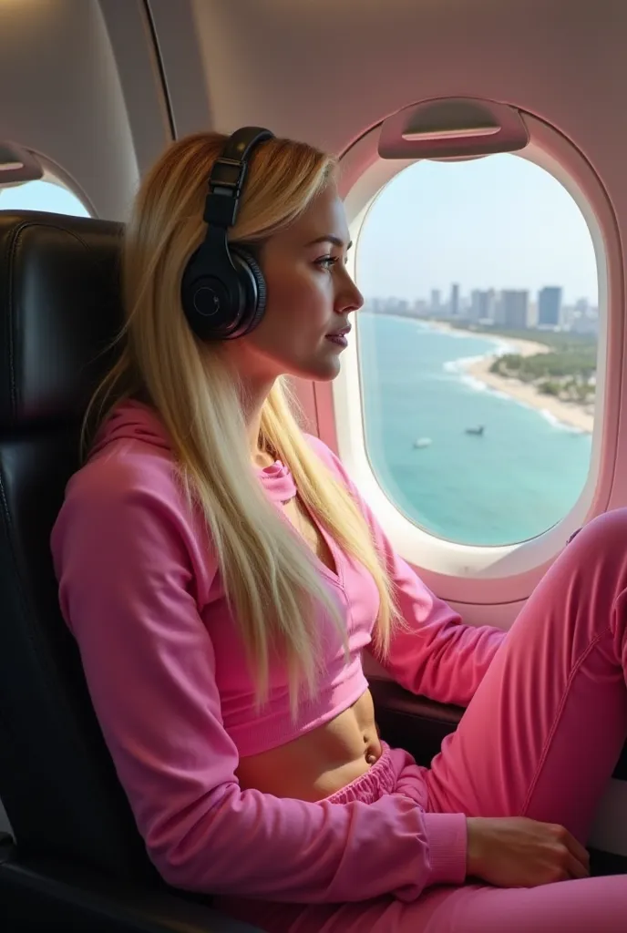 realistic photo A photograph of a 25-year-old woman with long blonde hair flying in an airplane. She is wearing a stylish pink sports outfit with black accents, looking both comfortable and elegant. The woman is sitting by the window, listening to music wi...