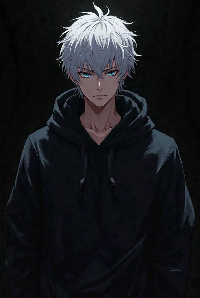 Anime boy character with black background and white hair and black hoodie 