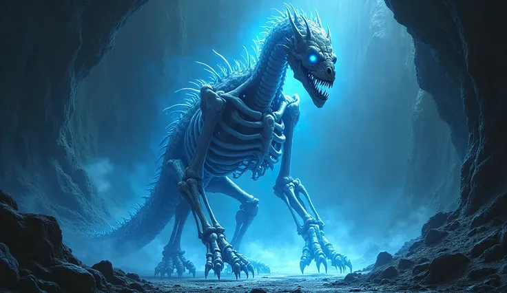 A large cursed skeleton dragon with a blue aura is in the cave.