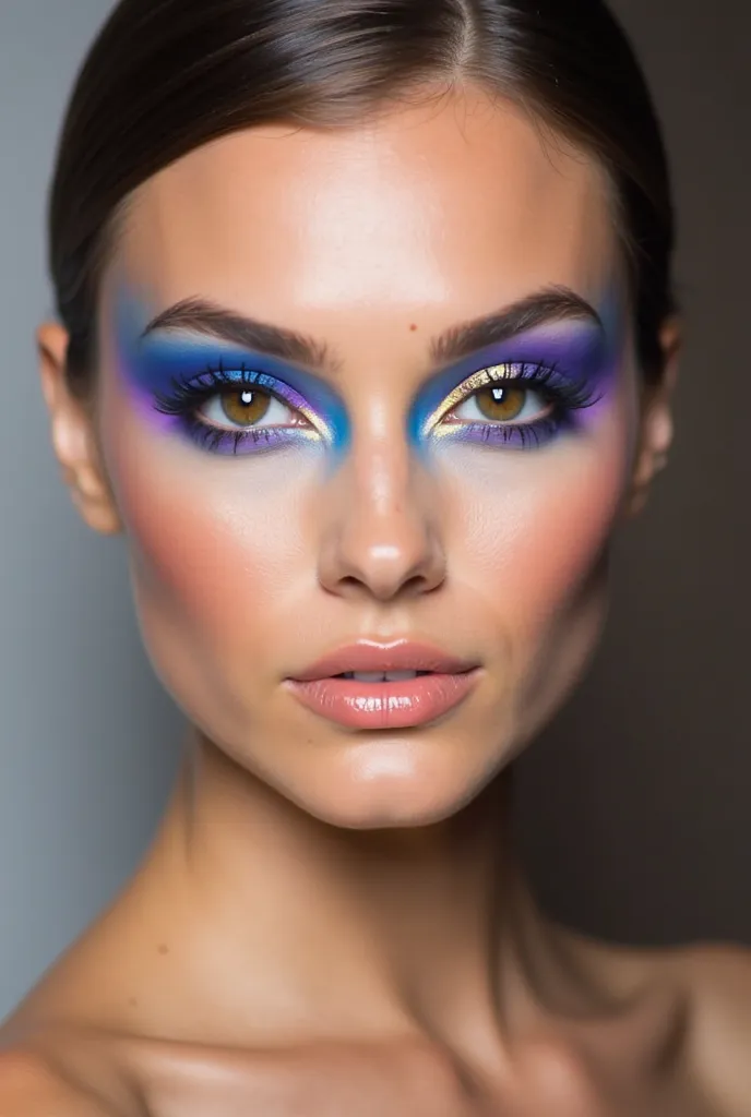 A bold and colorful eye makeup look using vivid shades of blue, purple, and gold. The model’s eyes pop with a mix of eyeshadows and graphic eyeliner, and the rest of the makeup is kept simple and neutral to balance the look.