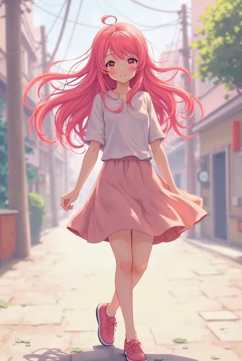 Pink Long Haired Japanese Woman Wearing Cute Everyday Clothes