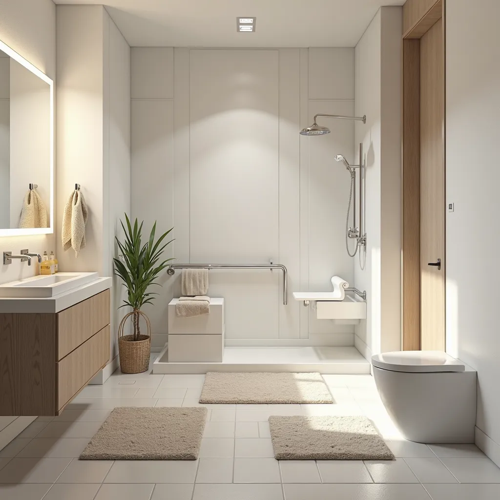 Create for me a photorealistic 3D illustration. Create a hospitable environment, a room containing a shower in the bathroom, floor and anti-slip rugs and wall restraints to provide more safety for the user of that environment. Show the image so that the en...