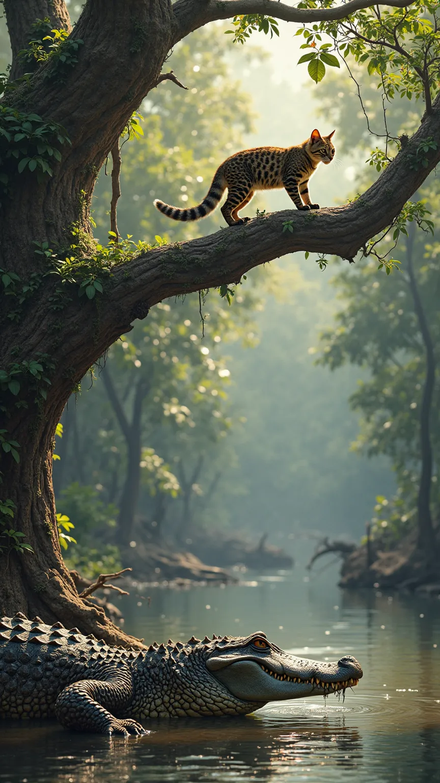 "A sleek, agile cat carefully navigates the thick, gnarled branches of a towering tree, its fur glistening under the dappled sunlight filtering through the dense canopy. Below, a wide, slow-moving river winds through the lush landscape, its surface reflect...