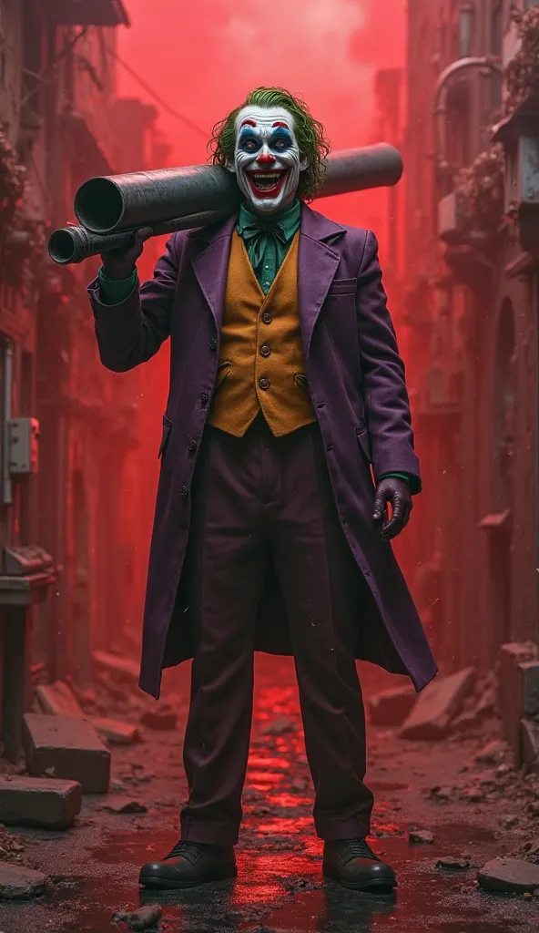 joker with a holding a bazooka pointing forward, resting on his shoulder, with a crazy smile, in a distorted alley, with red fog