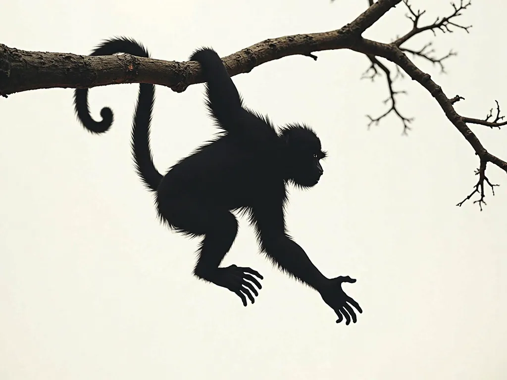 image of the silhouette of a short-legged bellied howler monkey, hanging from a dry tree branch just by the tail, with arms open to the ground
