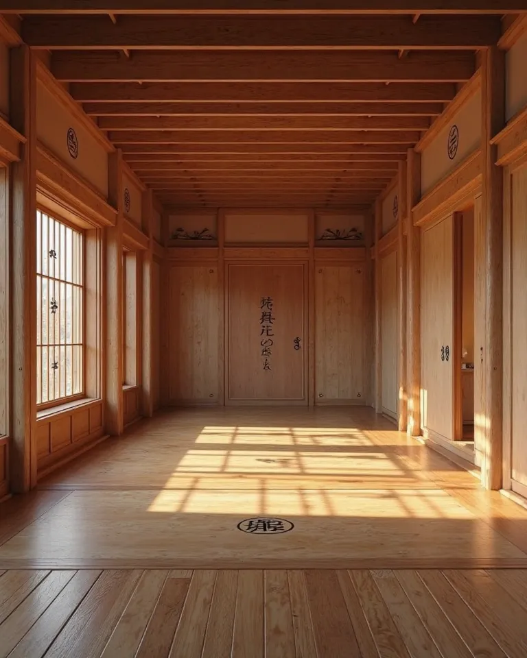 Empty Japanese dojo finely crafted in wood and engraved