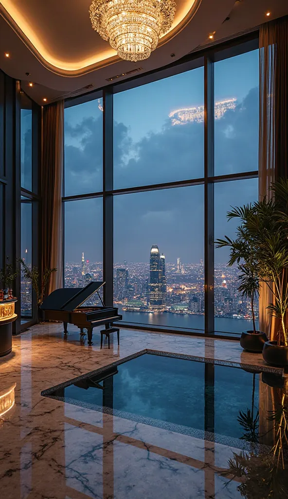 “An ultra-luxurious penthouse at the top of a skyscraper, captured in stunning 8K resolution. Floor-to-ceiling glass windows reveal a breathtaking panoramic view of a glittering city skyline at night. The interior exudes modern sophistication with polished...