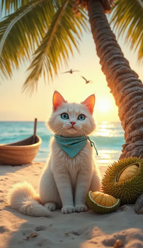 A fluffy white cat with long, soft fur, bright blue eyes, and perked-up ears sits under a large durian tree on a peaceful tropical island. The cat, about , has a long fluffy tail and wears a light blue triangular scarf tied in a small knot on the left side...