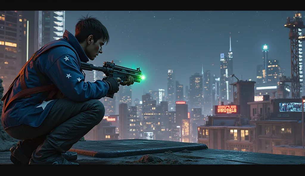 "A third-person shooter video game scene set on a rooftop at night. A player character, dressed in a blue jacket with white stars and red accents, crouches behind cover, aiming a futuristic glowing green handgun. The cityscape in the background features ta...