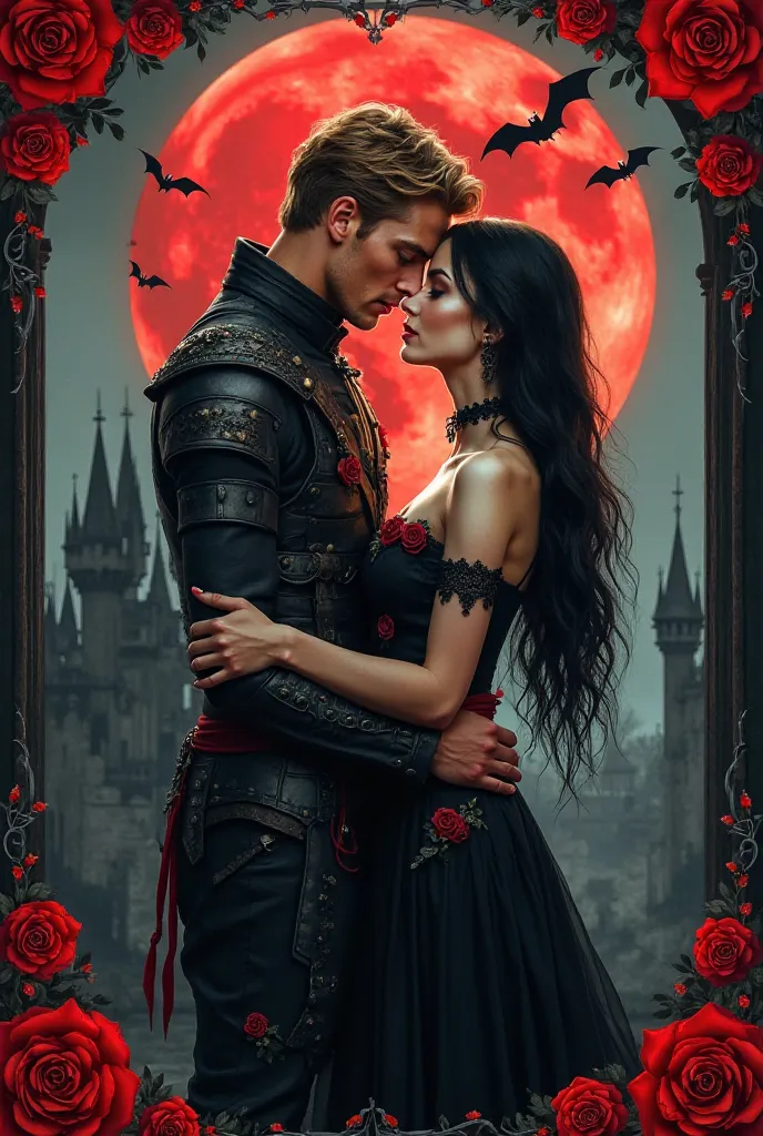 Create a book cover. The image should be a woman and man standing in front of each other, leaning in as if they're about to kiss. In the background there's a gothic but grand castle with a red moon shining from behind. There's also bats flying in the back ...