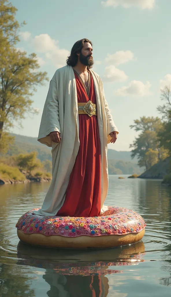 Jesus Christ, dressed in a white and red robe, standing on a giant donuts tower mountain, on a lake. The scene takes place in a natural landscape with trees and flowery compositions in the background. Soft reflections in the water, colorful and sharp 4k li...