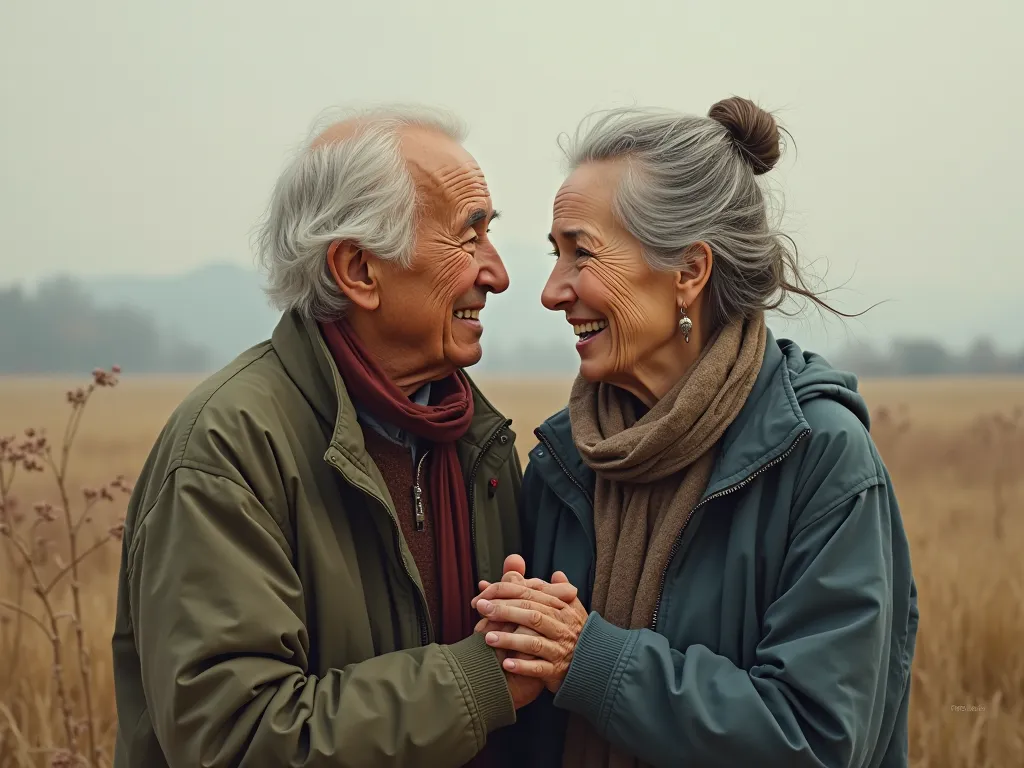 an elderly couple, From an inland city, simple, WITH TIMESTAMPS IN EXPRESSIONS, a light smile,  and glowing eyes, long view, IN THE DISTANCE, AS IF YOU WERE SAYING GOODBYE