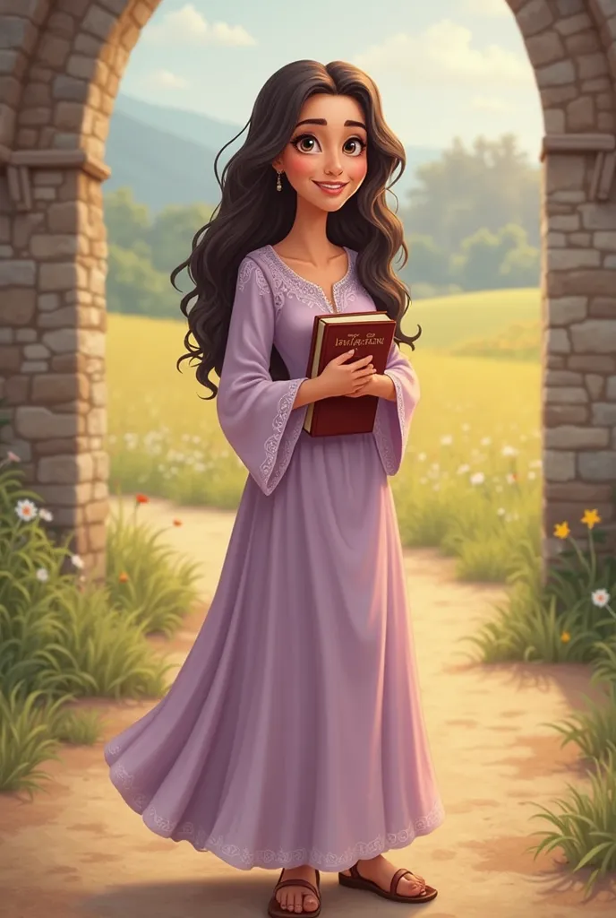 Full body Christian in forehead cartoon style. She has long hair and dark with soft waves that fall on your shoulders with clear and open eyes. She wears a long and modest dress, of lilac or pastel color,  with elegant details , such as lace or elegant emb...