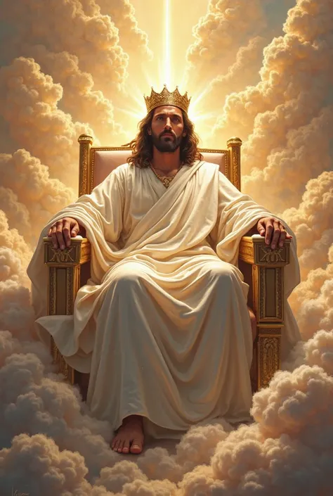 Jesus on his golden and majestic throne dressed in white with a crown, illustration surrounded by clouds 