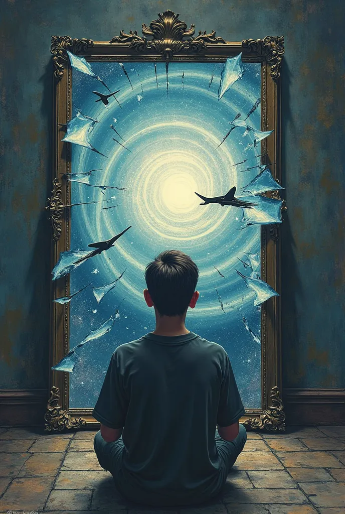 A human being in front of a broken mirror, but each piece reflects a different future: one where he is rich, another where he is a scientist, another where he never existed. In the background, a quantum vortex symbolizes all possibilities unfolding at the ...