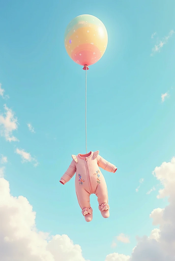 generate an image of baby romper in sky with ballon