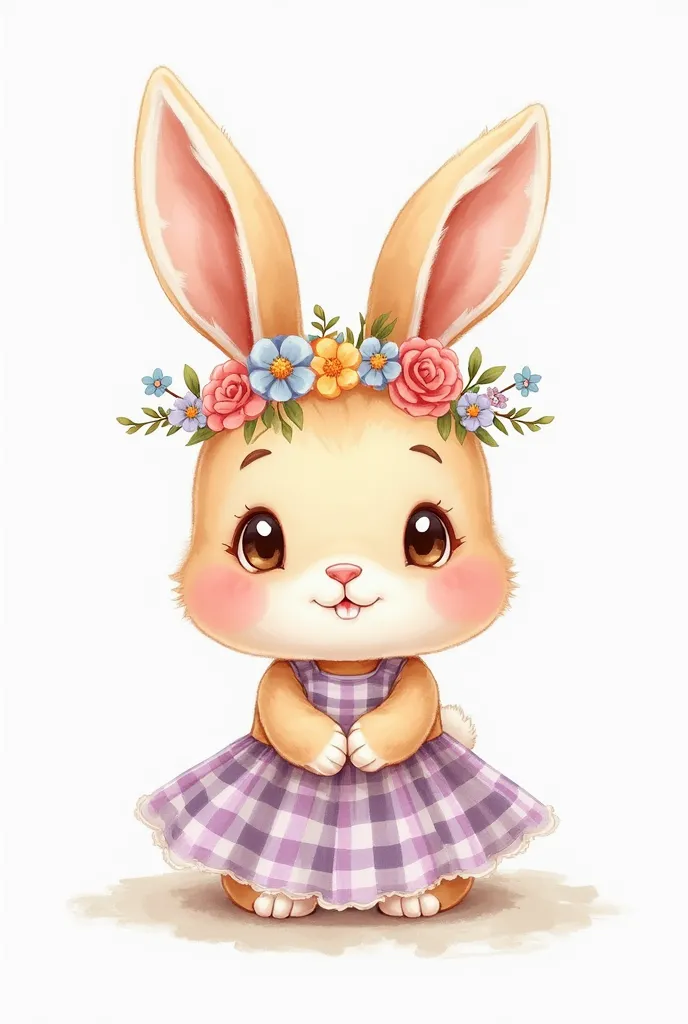 Clipart Beautiful, cute baby watercolor bunny, happy caramelo claro e branca, happy, wearing a delicate wreath of flowers on her head and a round lilac and white plaid dress. On a totally white background . 