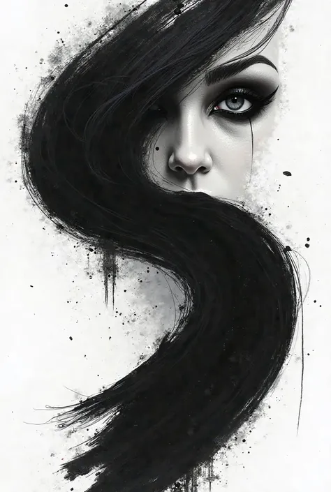 Create a thick black brushstroke with S movement on a white background, In the center partial image of the face of a dark Gothic woman