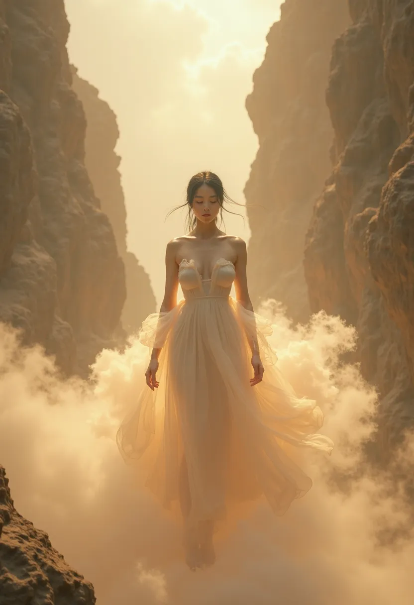 Surreal hyperreal composition of a Korean woman with the beauty of a goddess, levitating in a vast, misty desert canyon. Her pale, almost translucent skin contrasts with the warm golden clouds enveloping her lower body, as if merging with the ethereal mist...