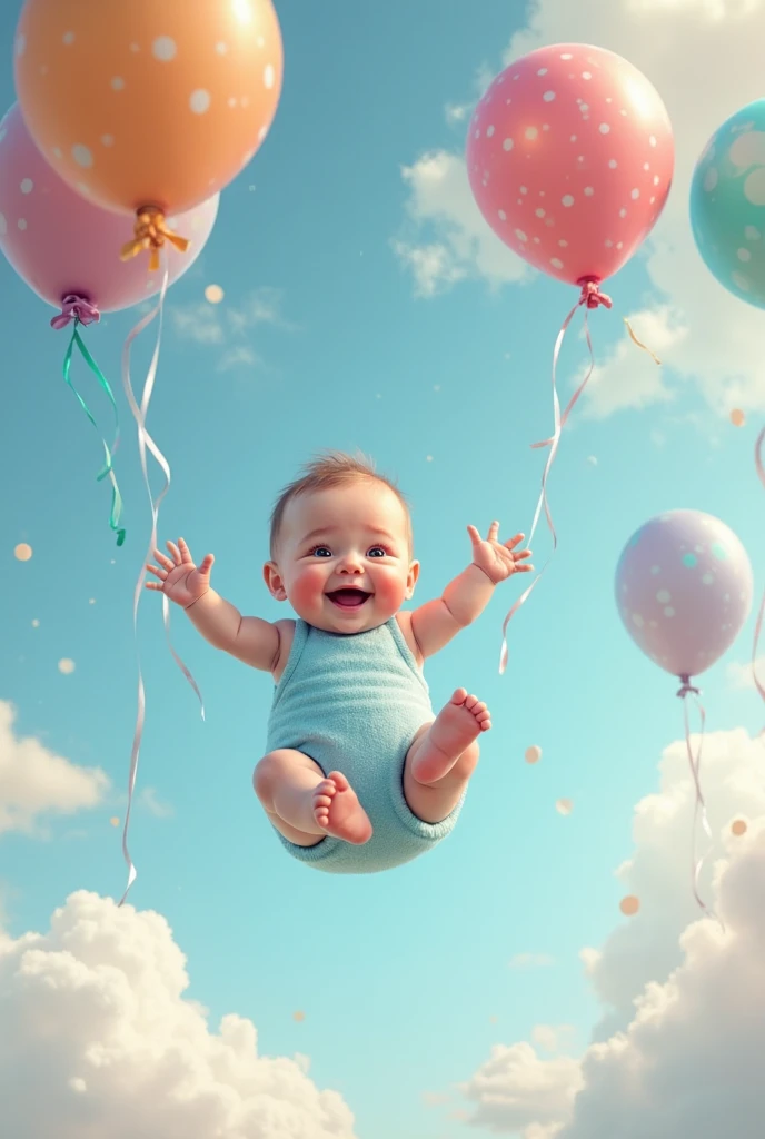 generate an image of baby romper in sky with ballons