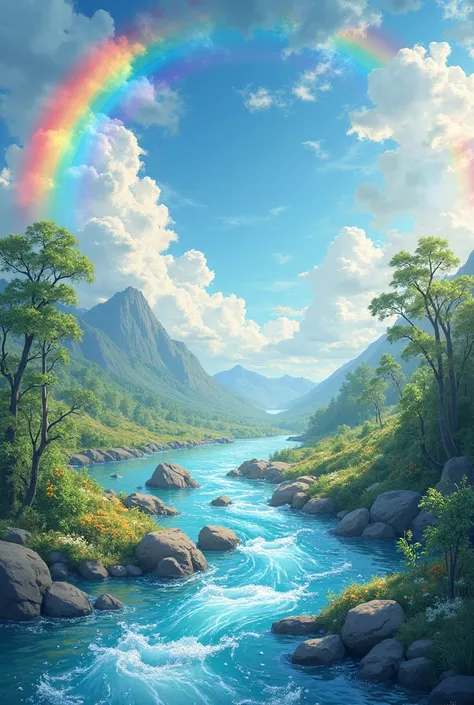 an image referring to World Water Day without people looking at water and rainbows and drinking water