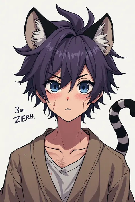 In a manga style, depicts a 16-year-old boy with a haircut messy, raised into the air and deep purple, soft and delicate. Two gentle tiger ears adorned his head, and his eyes vibrated deep blue with white pupils, sharp, reminiscent of animals. Under his ey...