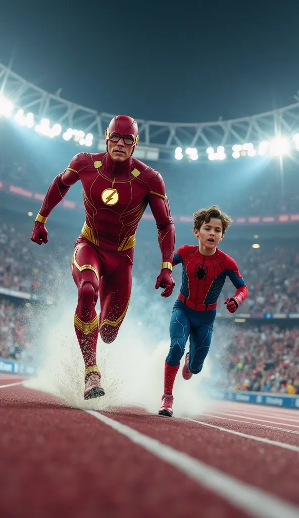 "An action scene featuring two fictional heroes racing together on a futuristic race track, illuminated by the bright lights of a modern stadium. The first hero is fast, wearing a red suit with gold accents and a lightning bolt symbol, while the second her...