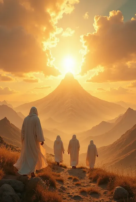 "A radiant dawn over a lush, renewed landscape, figures in white robes walking peacefully under a golden sky, a majestic celestial throne glowing atop a mountain (Sinai), surrounded by swirling clouds and beams of light, hopeful and majestic style, warm to...