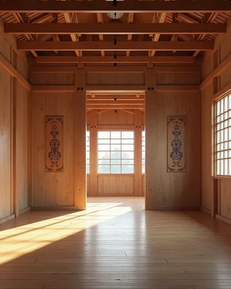 Empty Japanese dojo finely crafted in wood and engraved