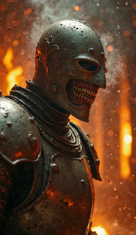 "The iron armor shining brightly, with smoke coming out of the cracks. The noble's face is visible through the visor, showing an expression of extreme pain. Screams echo through the dungeon, as flames crackle around.  cinematic style, 4K HD,  Warm and dram...