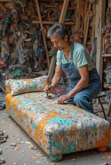 Someone Making sofa and bed out of plastic with tools 