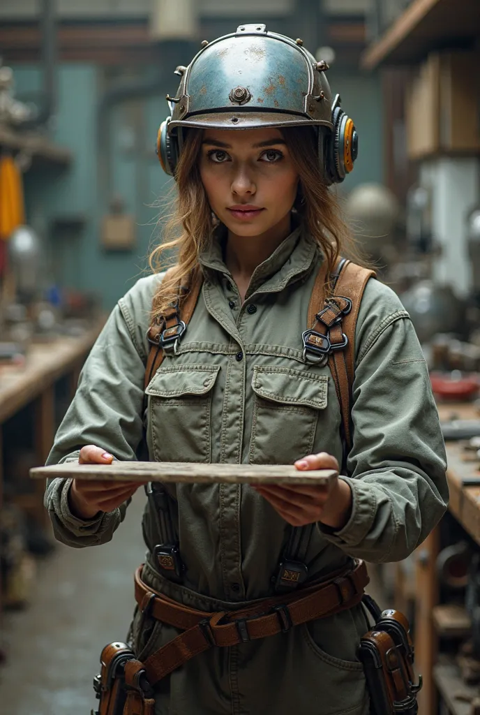 A woman wearing a helmet and tools, holding a flat .