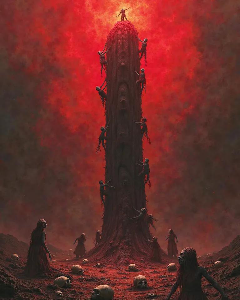 A land with total darkness and a red sky, flesh pillar in the middle, deformed people climbing the pillar, skulls