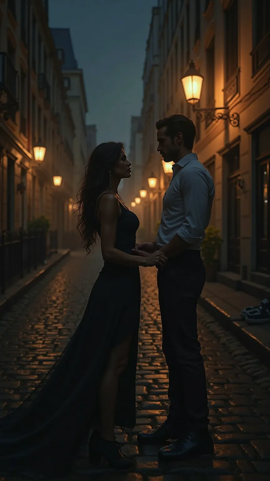 evening, darkness. a beautiful sexy woman and a man meet on the street