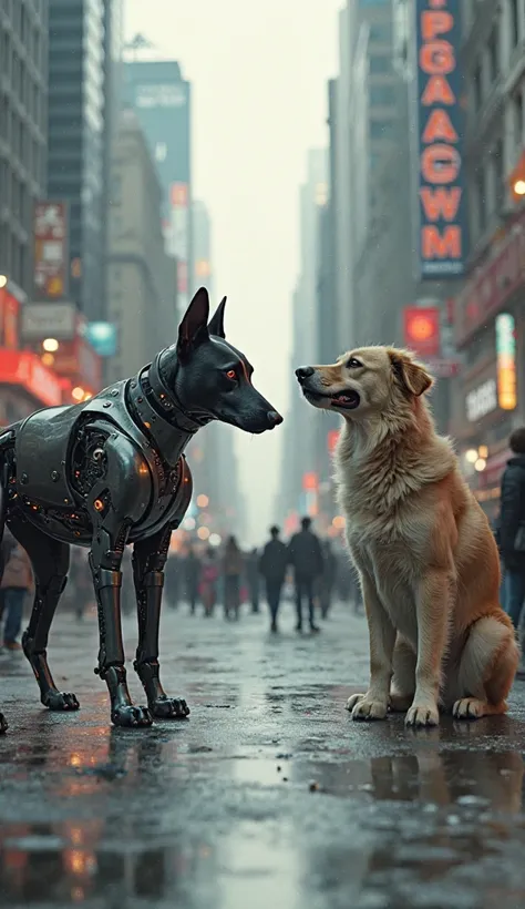 Vision，street，a robot dog，A real dog，After the two dogs met，Looking at each other