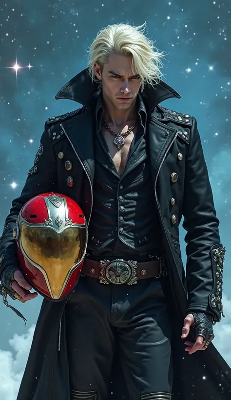 Slender full-bodied white mercenary male killer vampire, strong,  blond hair, sharp teeth with blood, wearing a black coat and silver details in a blue sky with cosmic stars carrying in his hands a red motorcycle helmet with shiny gold