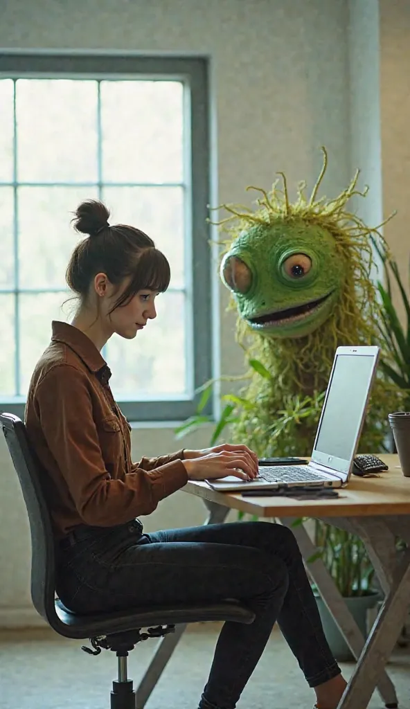  outfit Una mujer de unos 30 años está
trabajando con una computadora portátil en una mesa de comedor en
un departamento moderno y bien iluminado. Sitting
next to him is a strange plant-like creature
with, a shiny fluid similar to sap and a
single big eye....