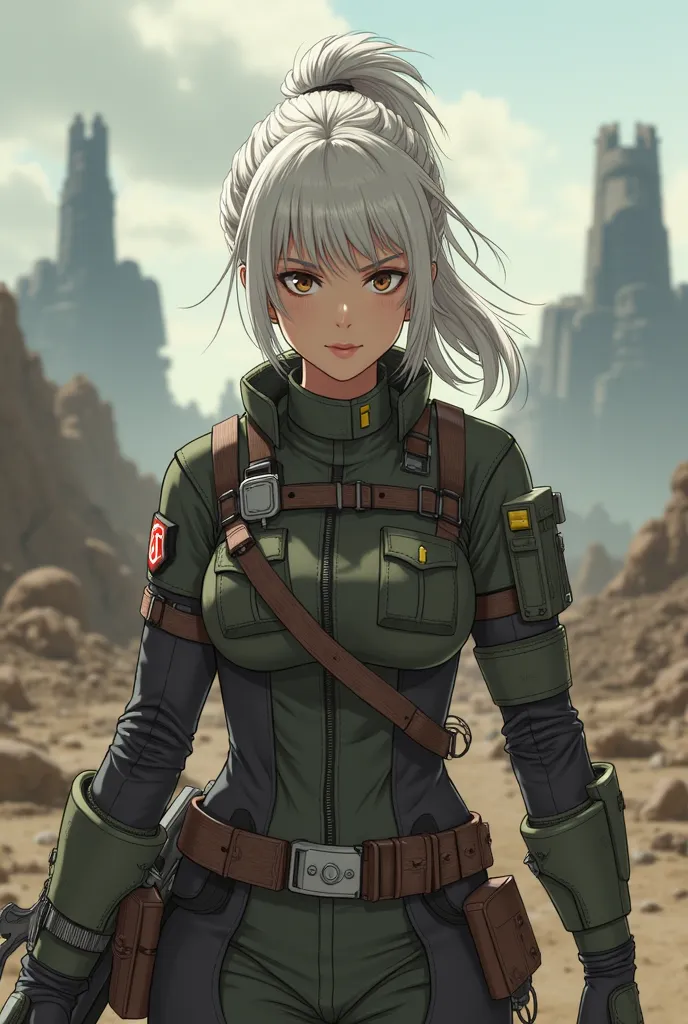 A female soldier with white hair and brown eyes who is in the universe of Shingeki no Kyojin