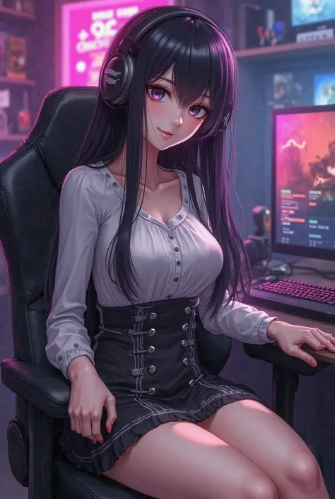 Make a realistic one, Long straight black hair with purple highlights, black eyes, A short blouse with a mid-breast neckline, Black and Gray Short Tailoring Skirt, Large breasts, Big ass Sitting on a chair, open legs, De Game Room, Gamer headset, Sweaty fa...