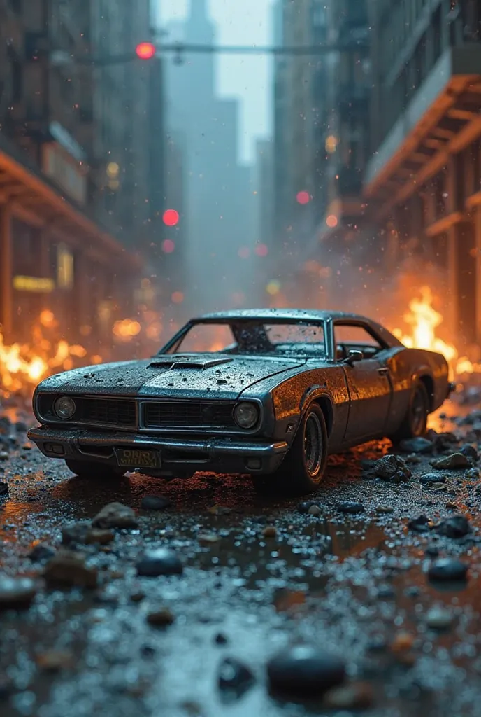 A CAR smashed and destroyed by THE THING (invisible) from the fantastic 4, in the middle of the street after a huge battle between the fantastic 4 and mr. Doom, diorama toy style, night scene