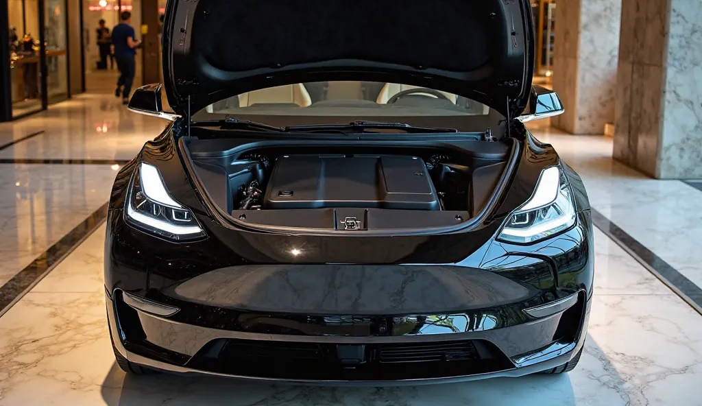 A 2025 Tesla Model Y Juniper in a shiny black finish, showcased inside a luxurious showroom with its hood open, revealing a high-tech electric powertrain. The front trunk (frunk) is clean and spacious, featuring advanced wiring, cooling components, and a s...