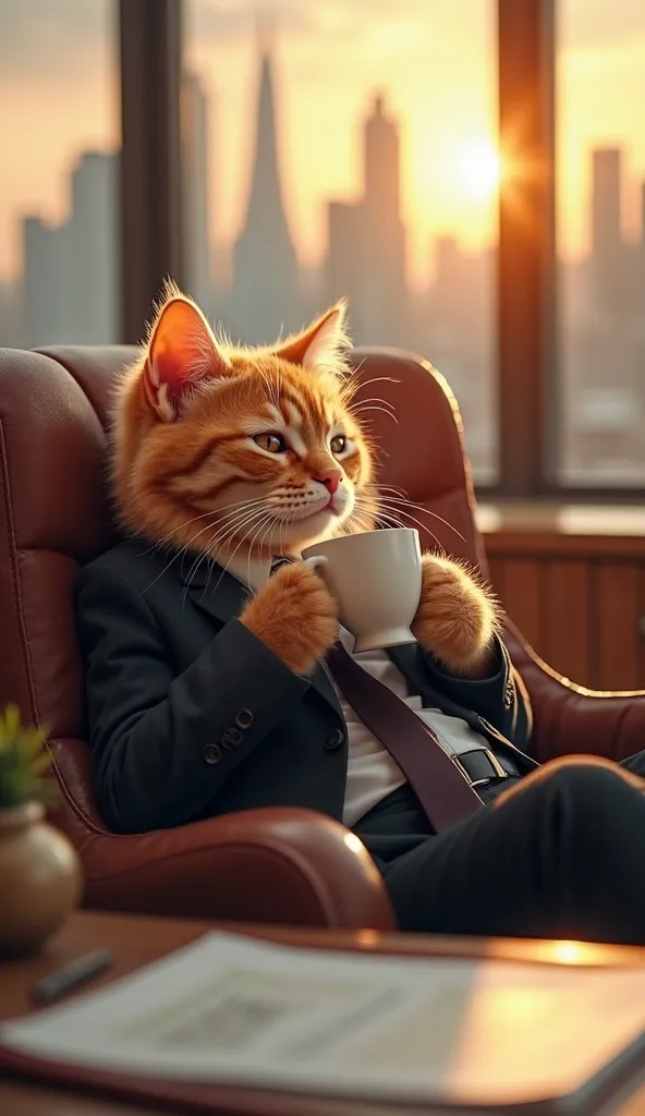 A small orange kitten, now refined and elegant, sits comfortably in a luxurious office, dressed in a perfectly tailored black suit with a crisp white shirt and a sleek tie. It reclines in a large leather chair, its fluffy tail resting on the side as it lif...