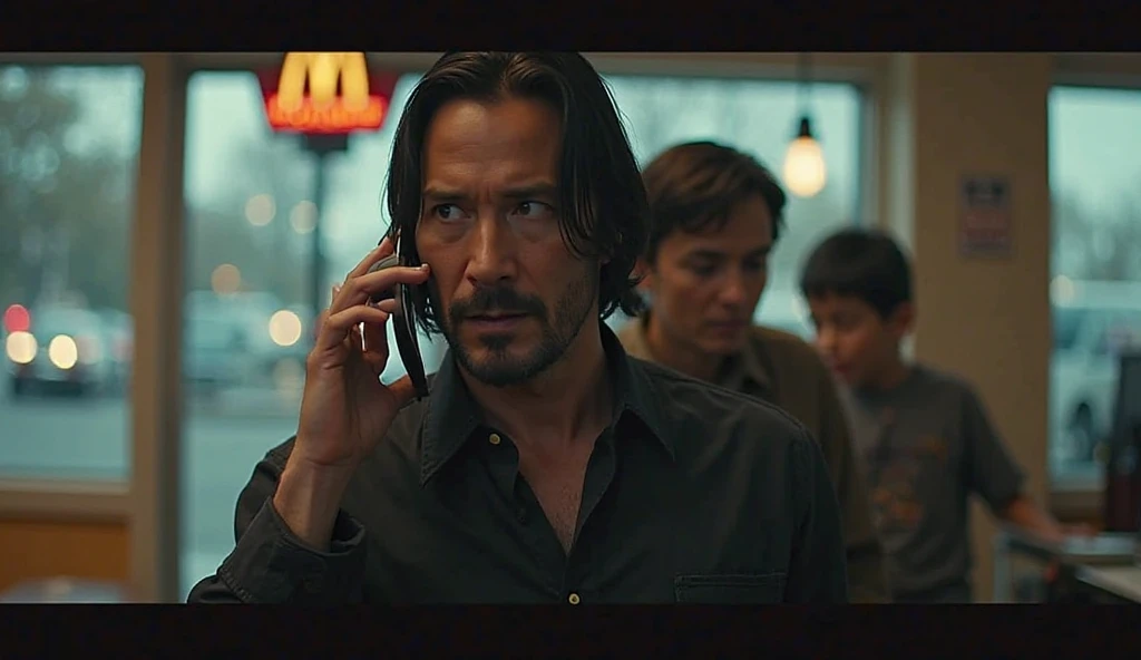 Create a dramatic and suspenseful YouTube thumbnail featuring Keanu Reeves inside a McDonald’s. He looks shocked and pale, holding a phone to his ear as if calling 911. A small  boy stands next to him, whispering into his ear with a serious or scared expre...