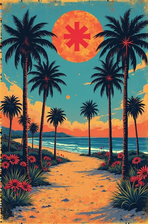 Create a street print (streetwear) inspired by the band Red Hot Chili Peppers, com foco na música 'Californication'. Don't include the name of the band, but rather the rebellious and energetic lyrics: *'Dream of Californication'*. Use colors like sky blue,...