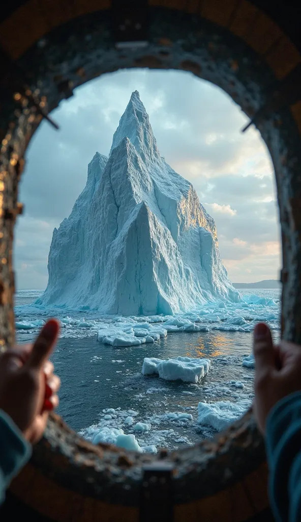 Ultra-realistic first-person view through a porthole on the Titanic, showing a massive iceberg scraping against the ship’s hull. The viewer’s hands are pressed against the cold metal window frame. The iceberg is enormous, jagged, and covered in cracks, wit...